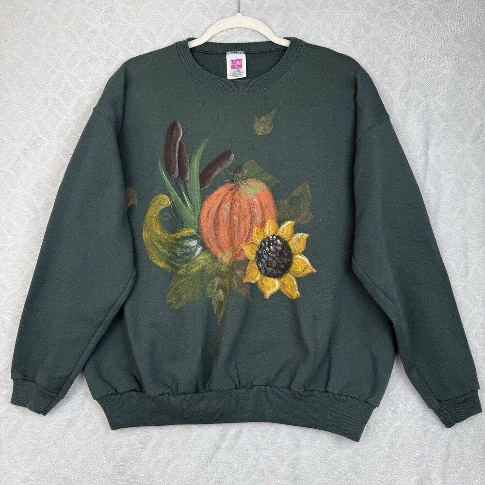 Vtg Hand Painted Crewneck Sweatshirt Large Green Leaves Pumpkin Harvest Cottage